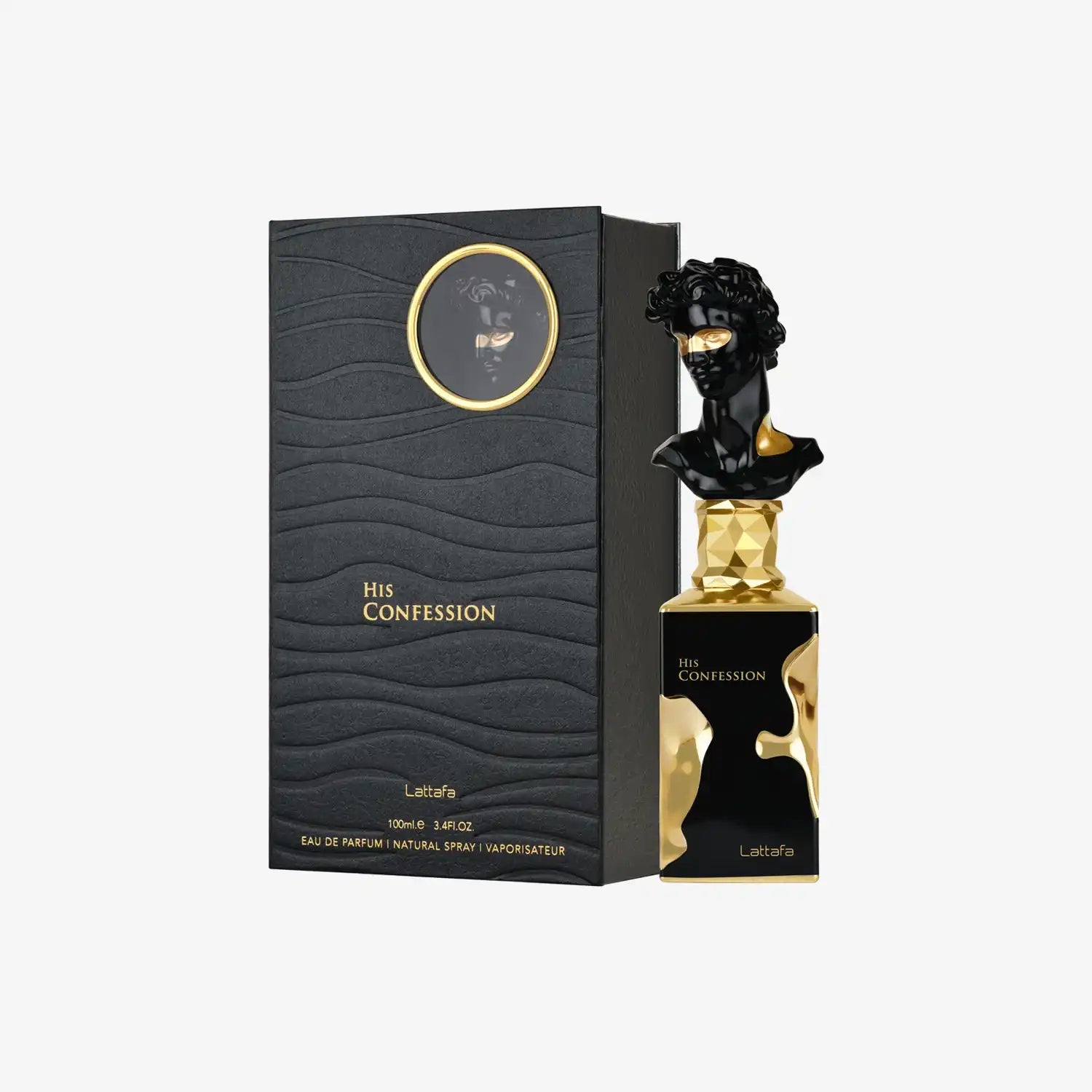 Lattafa His Confession perfume bottle with black and gold bust design next to gift box