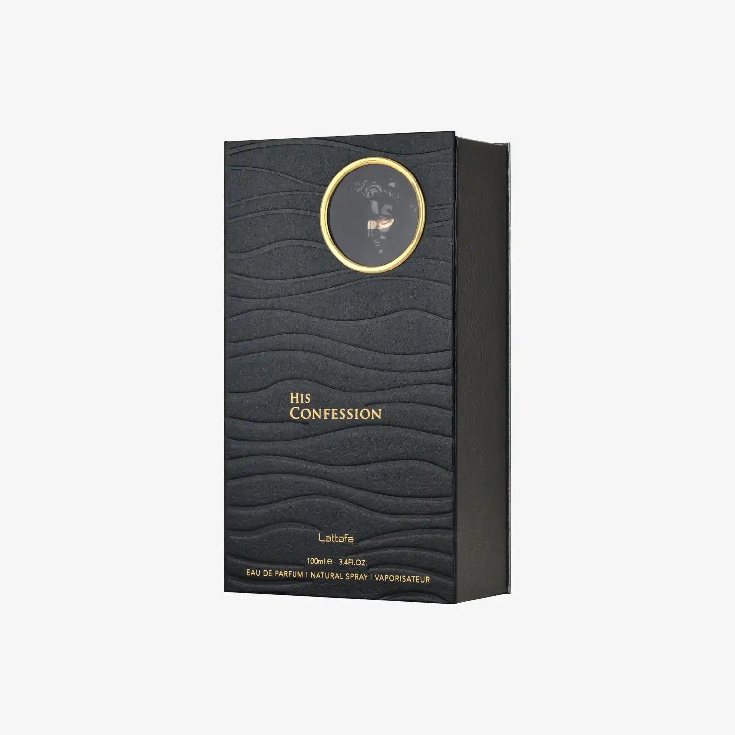Lattafa His Confession eau de parfum black textured box with gold accents, 100ml