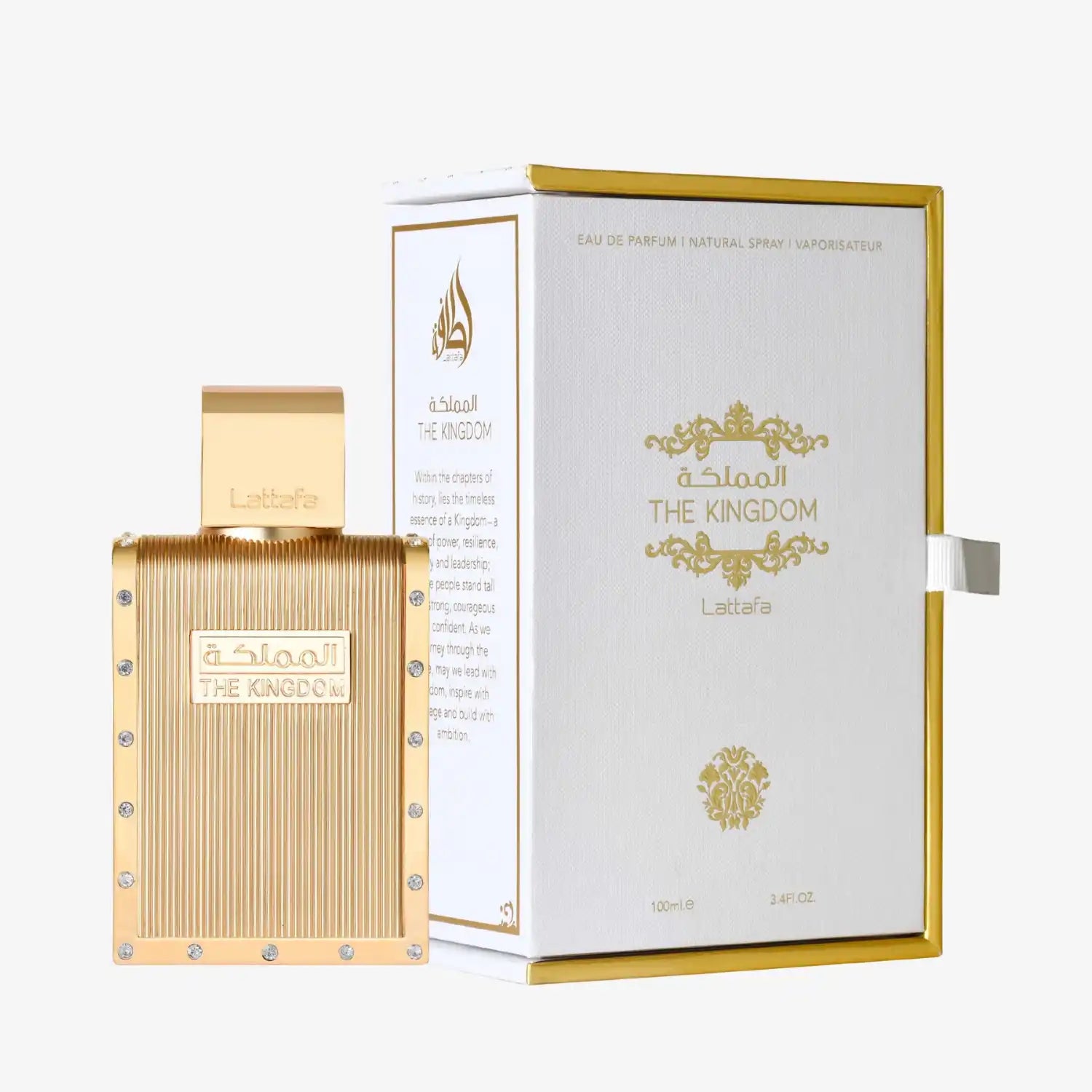 Lattafa The Kingdom perfume bottle and gold-trimmed box, luxury Middle Eastern fragrance