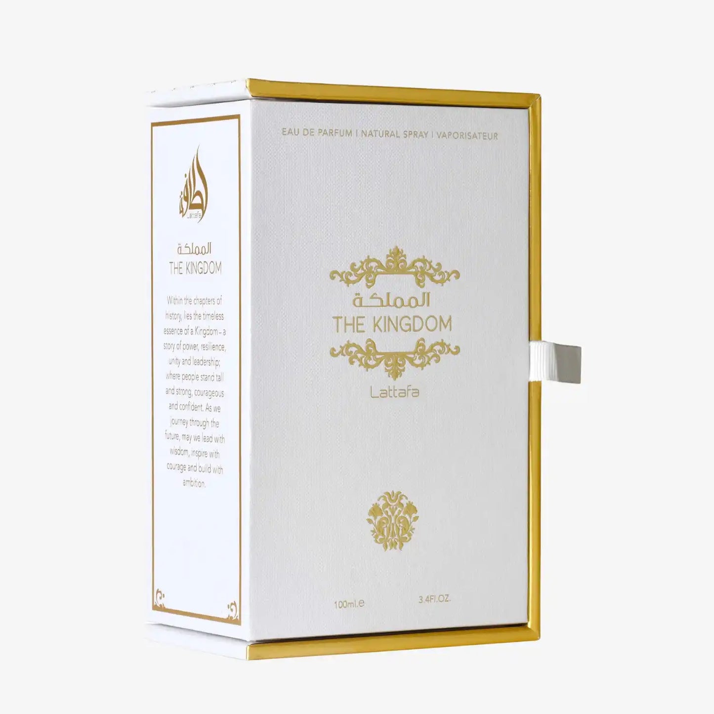 White and gold Lattafa The Kingdom perfume box with Arabic and English text, elegant design