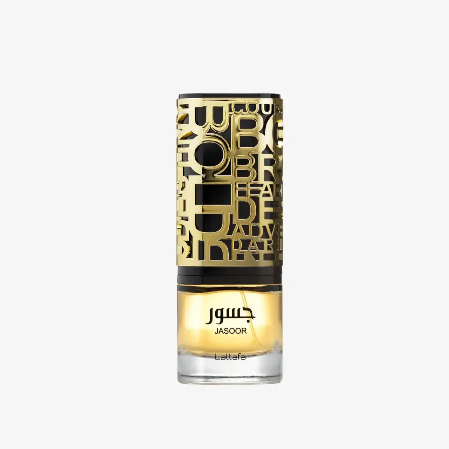 Jasoor Lattafa perfume bottle with gold decorative cap and Arabic script on clear background
