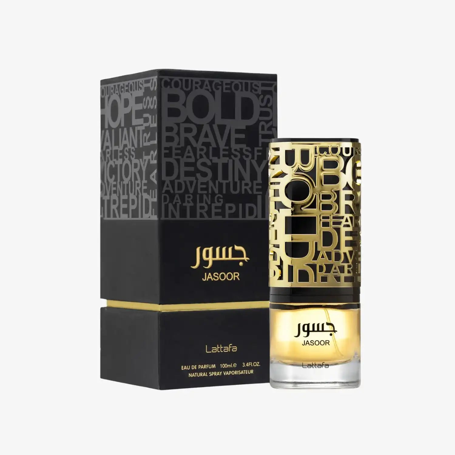 Jasoor Lattafa Eau de Parfum bottle and box with bold black and gold lettering design