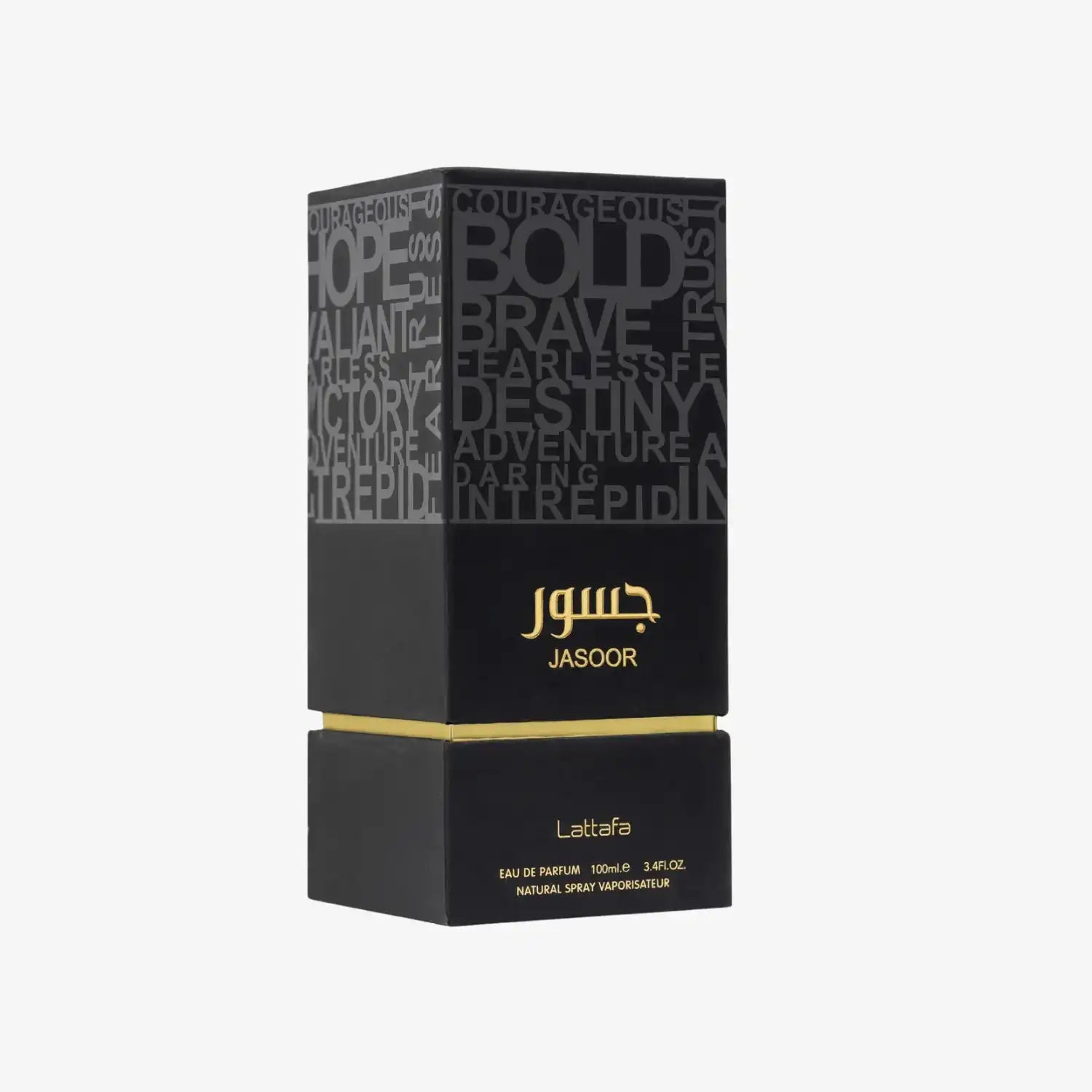 Lattafa Jasoor Eau de Parfum box with bold lettering and gold accents, 100ml fragrance packaging