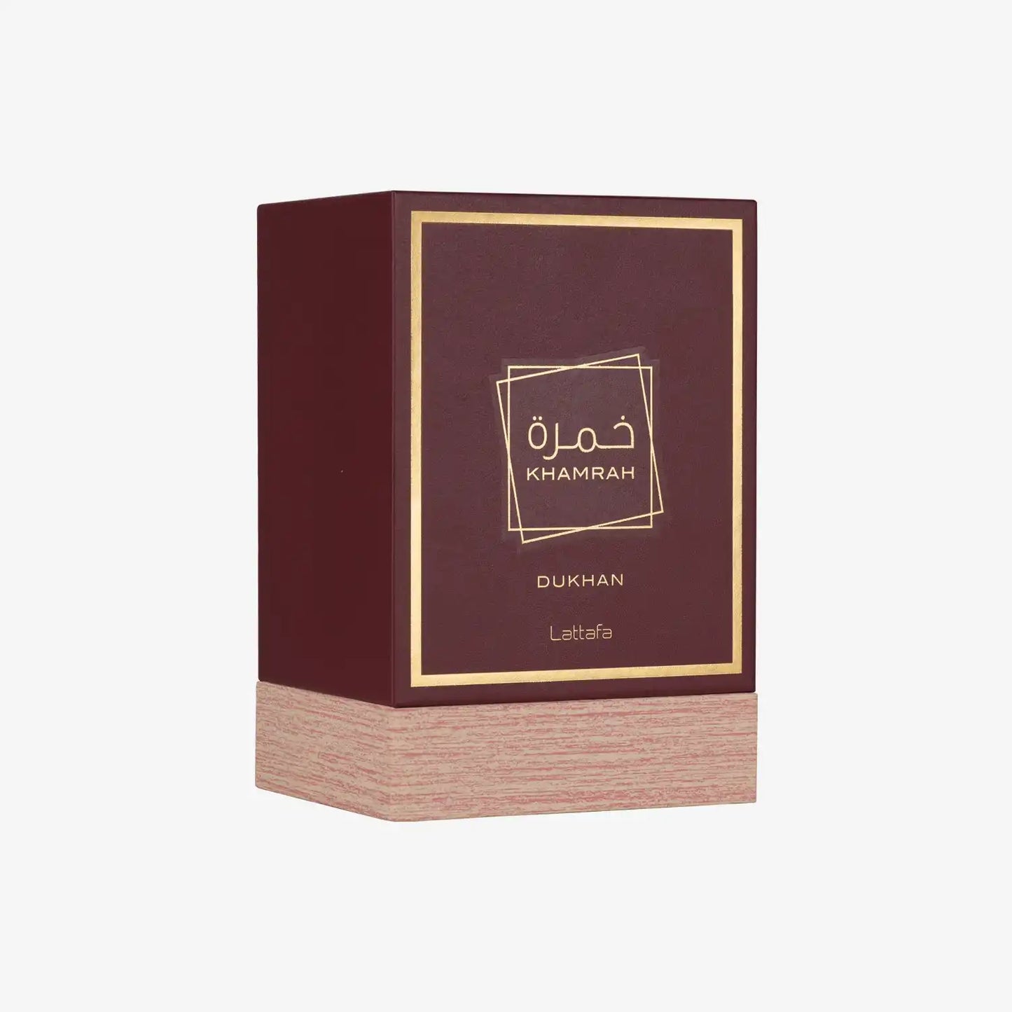 Khamrah Dukhan perfume box, maroon with gold accents, Middle Eastern fragrance packaging