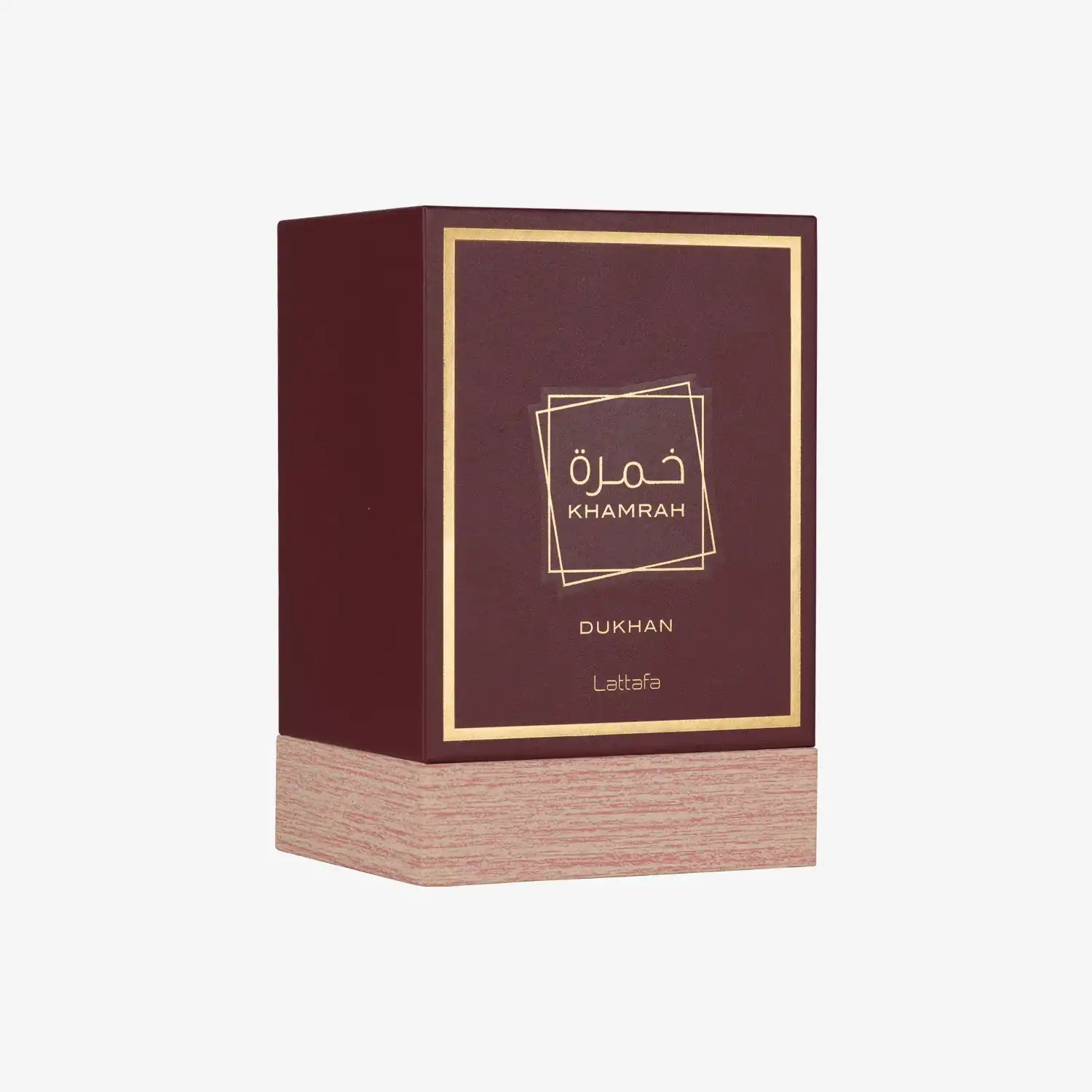 Khamrah Dukhan perfume box, maroon with gold accents, Middle Eastern fragrance packaging