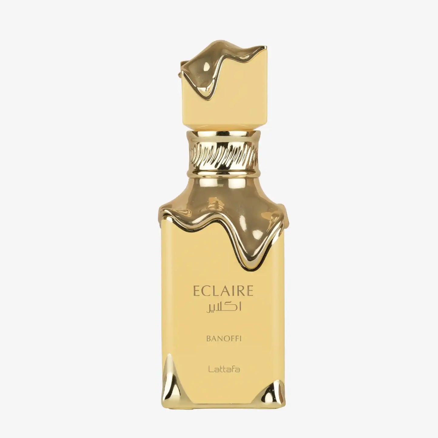 Banoffi Eclaire perfume bottle with gold accents and modern square design