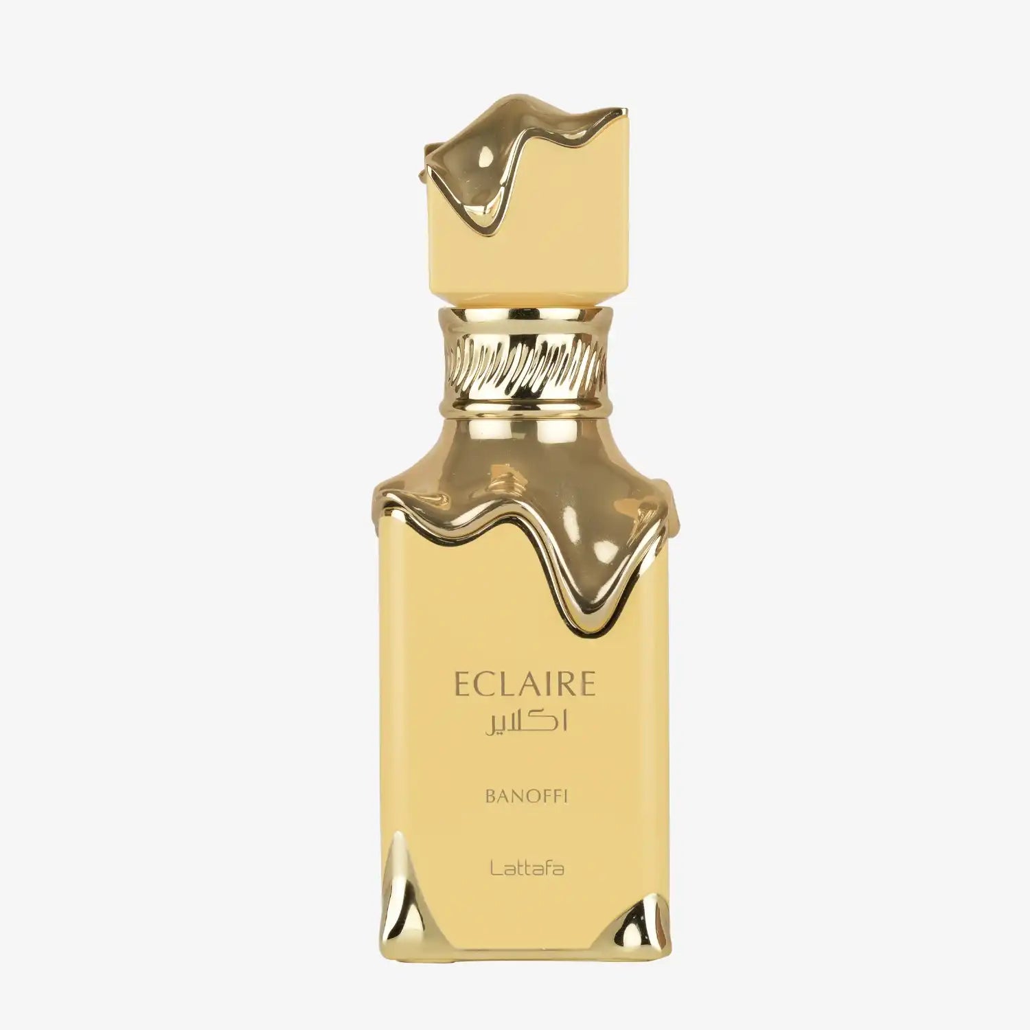 Banoffi Eclaire perfume bottle with gold accents and modern square design