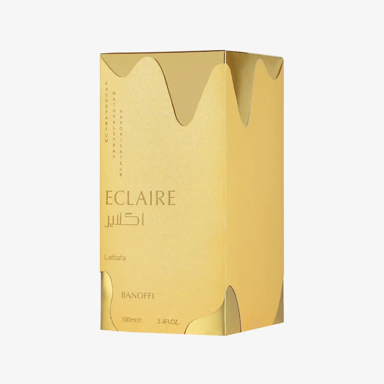 Gold Eclaire Banoffi perfume box with stylish metallic accents and Arabic text