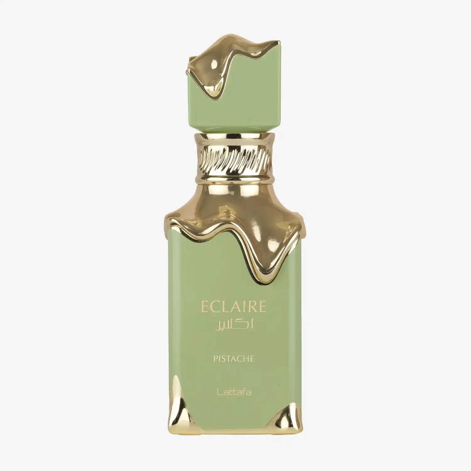 Green and gold Lattafa Eclaire Pistache perfume bottle with metallic accents
