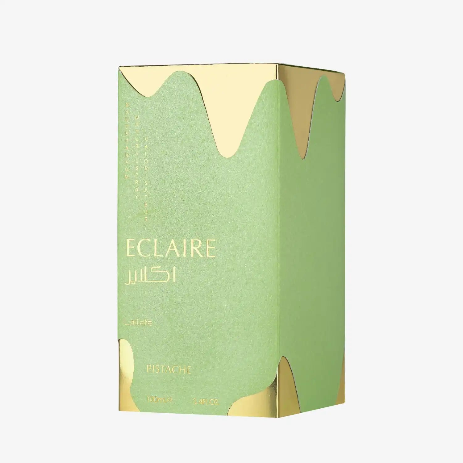 Green and gold Eclaire Pistache perfume box with elegant Arabic and English text.