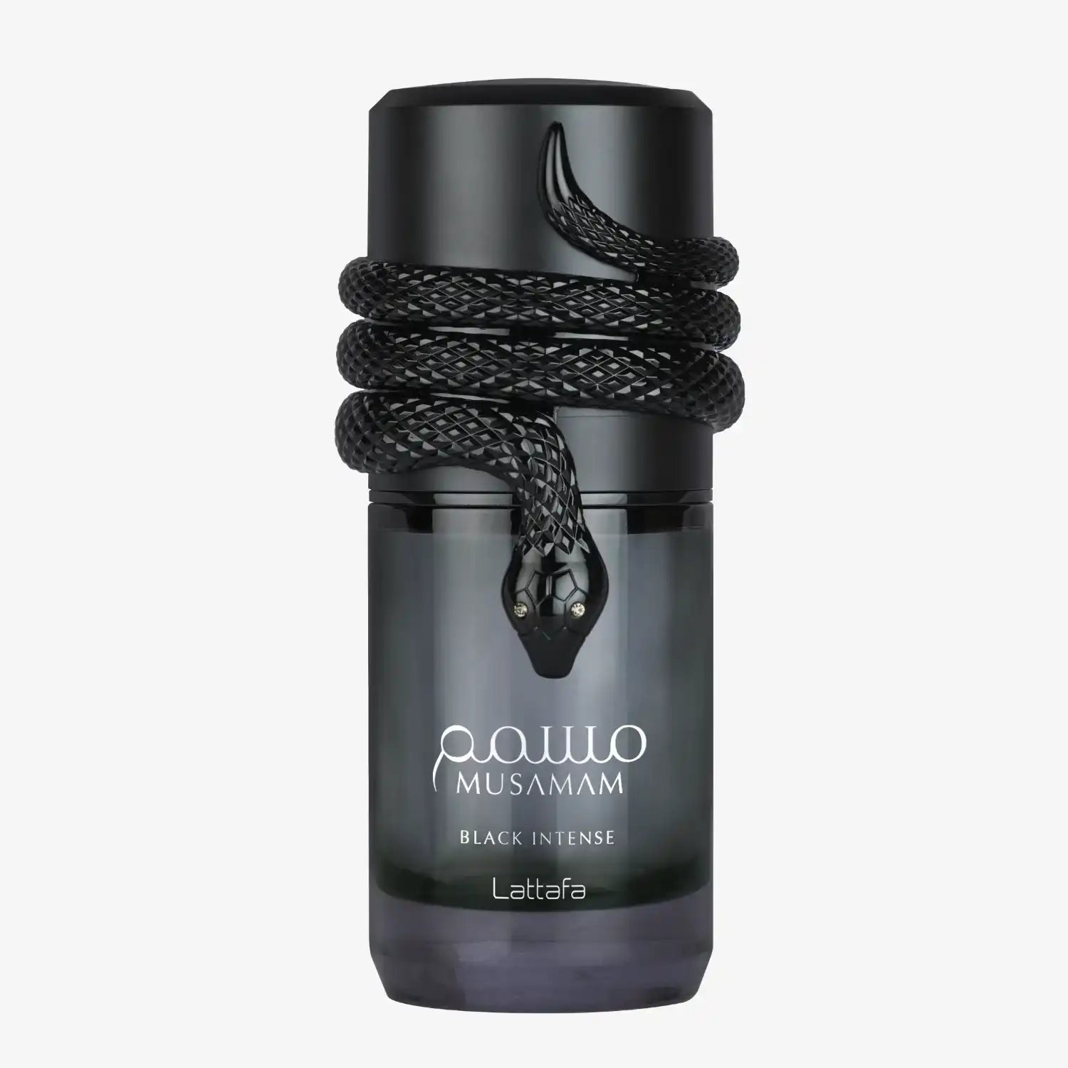 Black perfume bottle with snake design, labeled Musamam Black Intense EDP 100ml spray