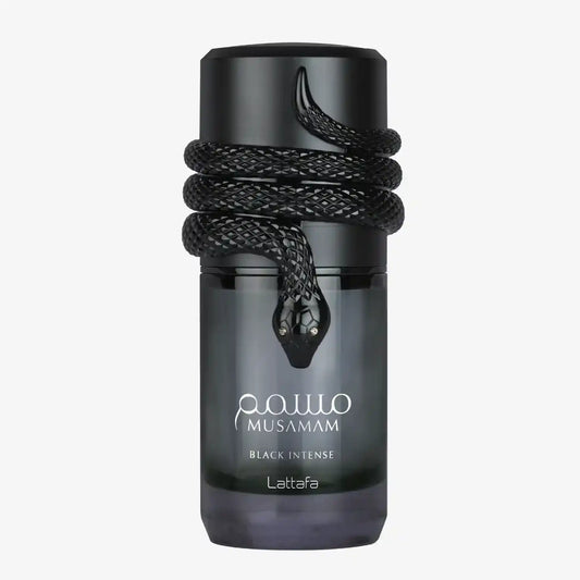 Black perfume bottle with snake design, labeled Musamam Black Intense EDP 100ml spray