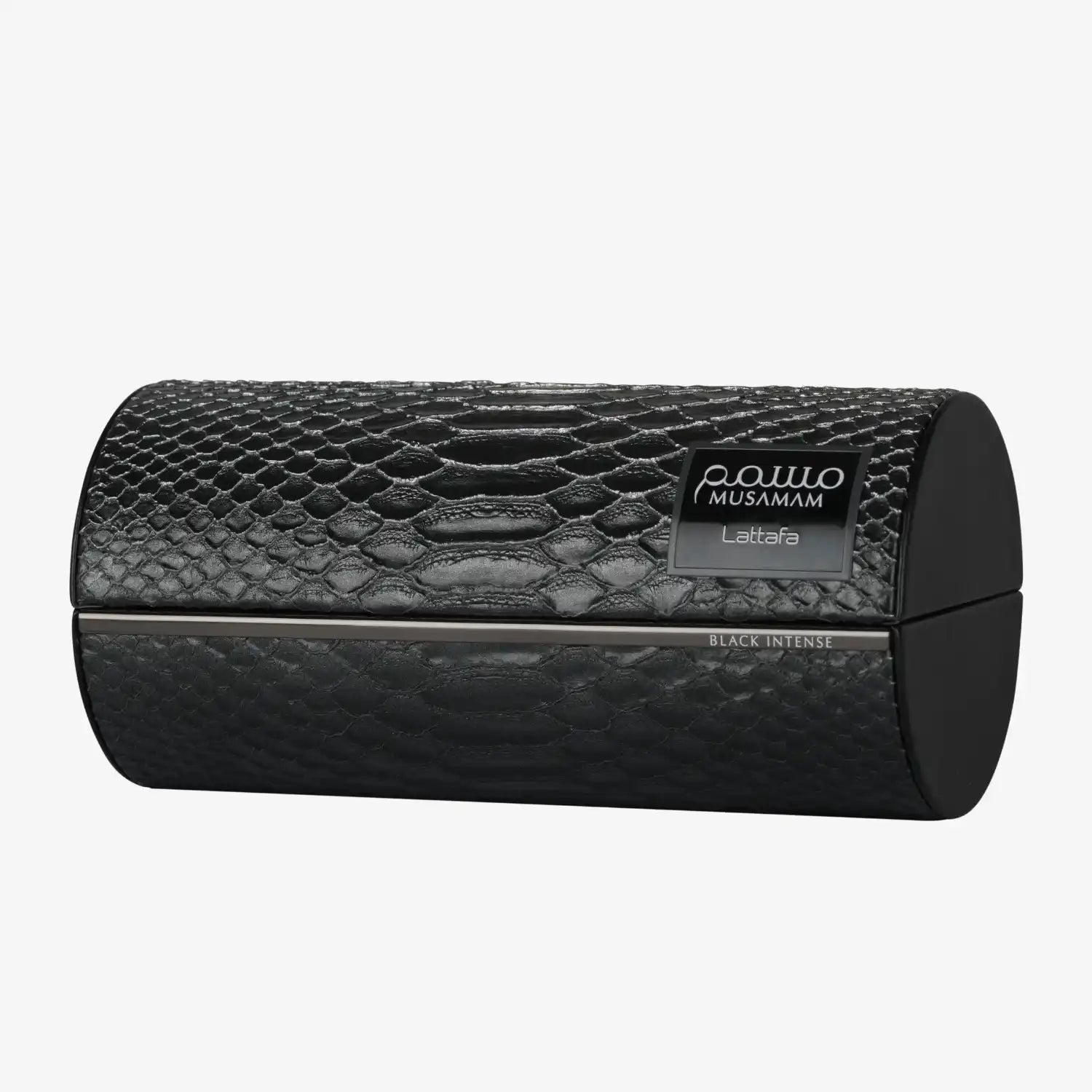 Lattafa Musamam Black Intense EDP 100ml spray in textured black serpentine box