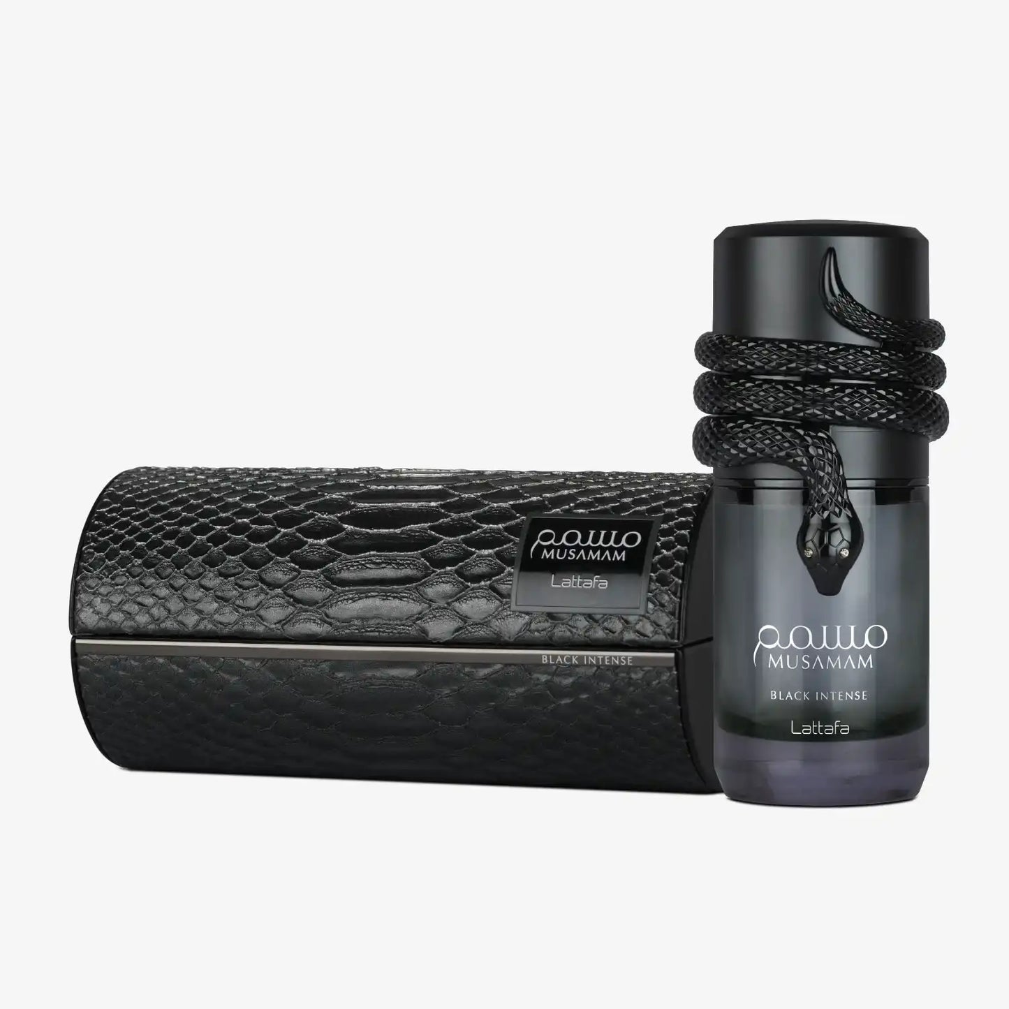 Black Intense perfume bottle with snake detail and textured box, luxury fragrance product