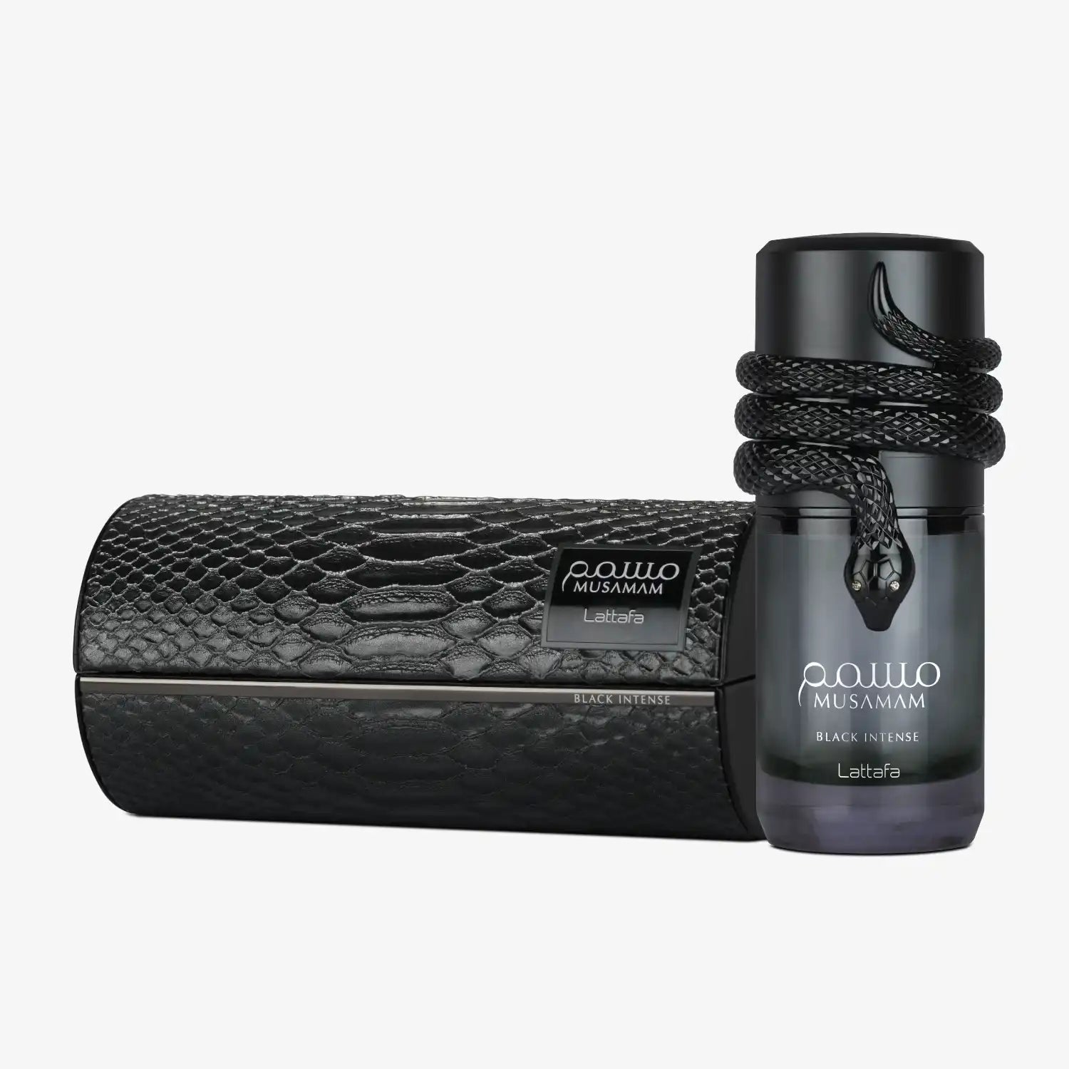 Black Intense perfume bottle with snake detail and textured box, luxury fragrance product
