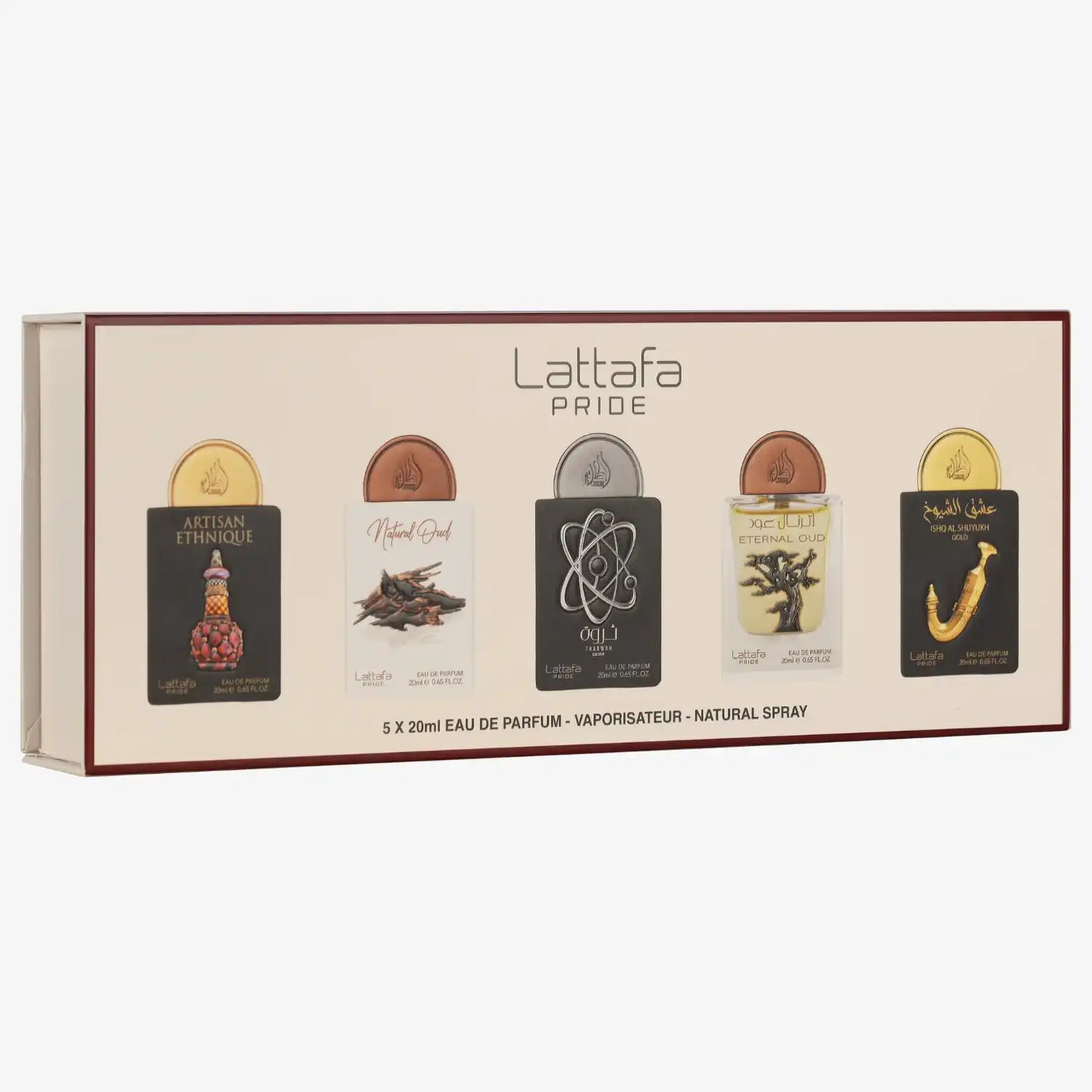 Boxed set of five Lattafa Pride eau de parfum bottles, 20ml each, in assorted styles