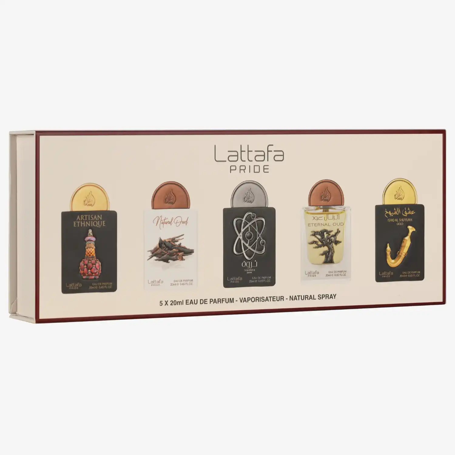 Boxed set of five Lattafa Pride eau de parfum bottles, 20ml each, in assorted styles