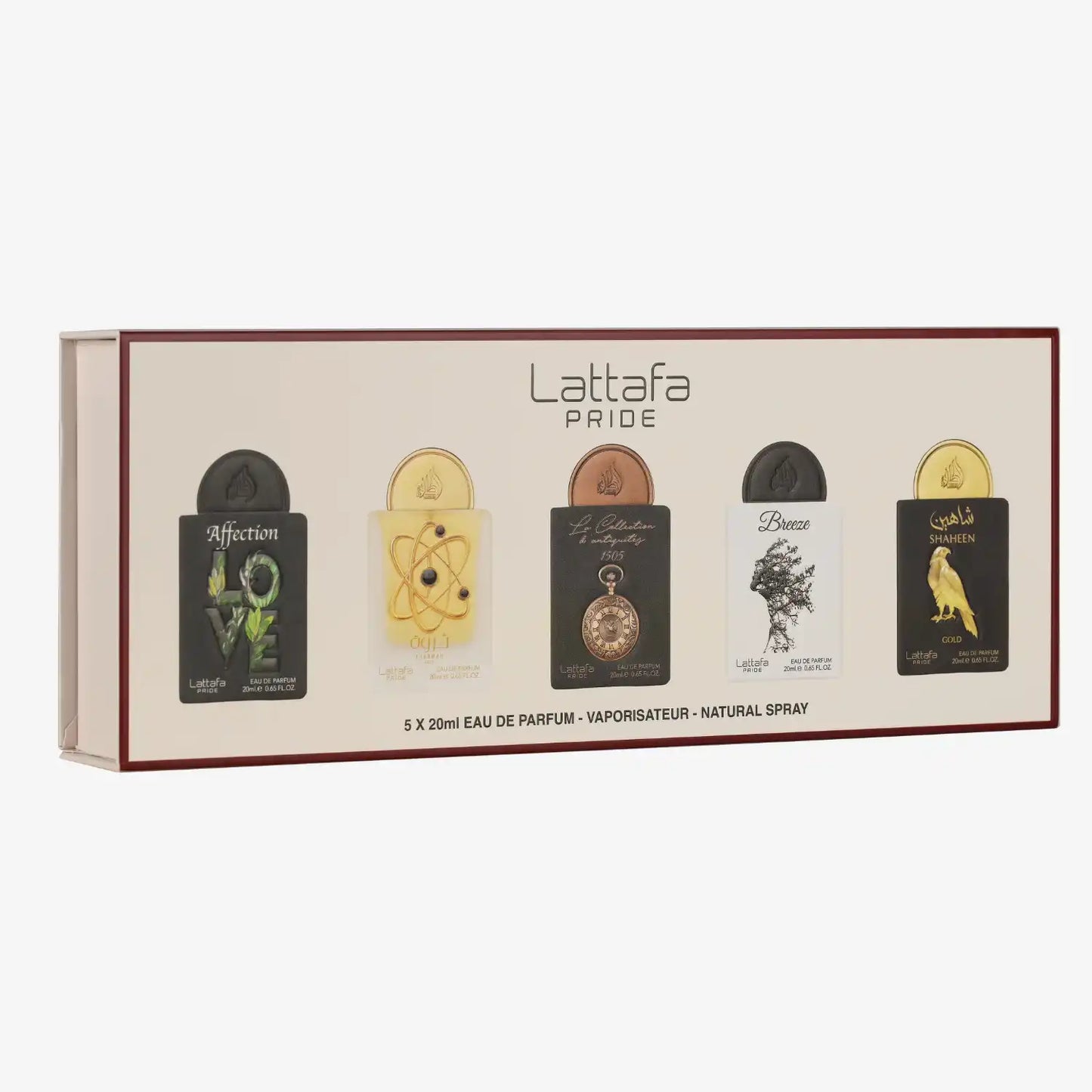Lattafa Pride gift set with five assorted 20ml eau de parfum bottles in decorative packaging