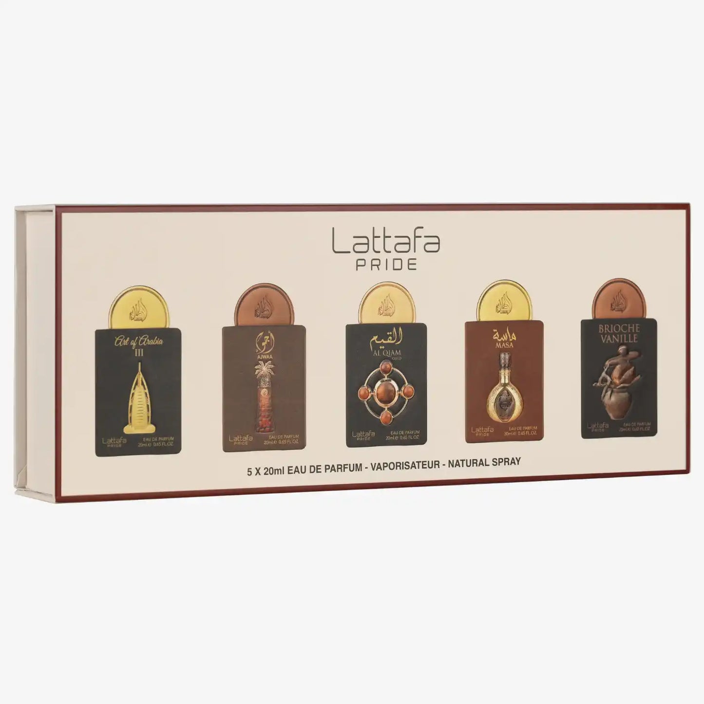Gift set of five Middle Eastern fragrances in a rectangular box with gold and brown designs