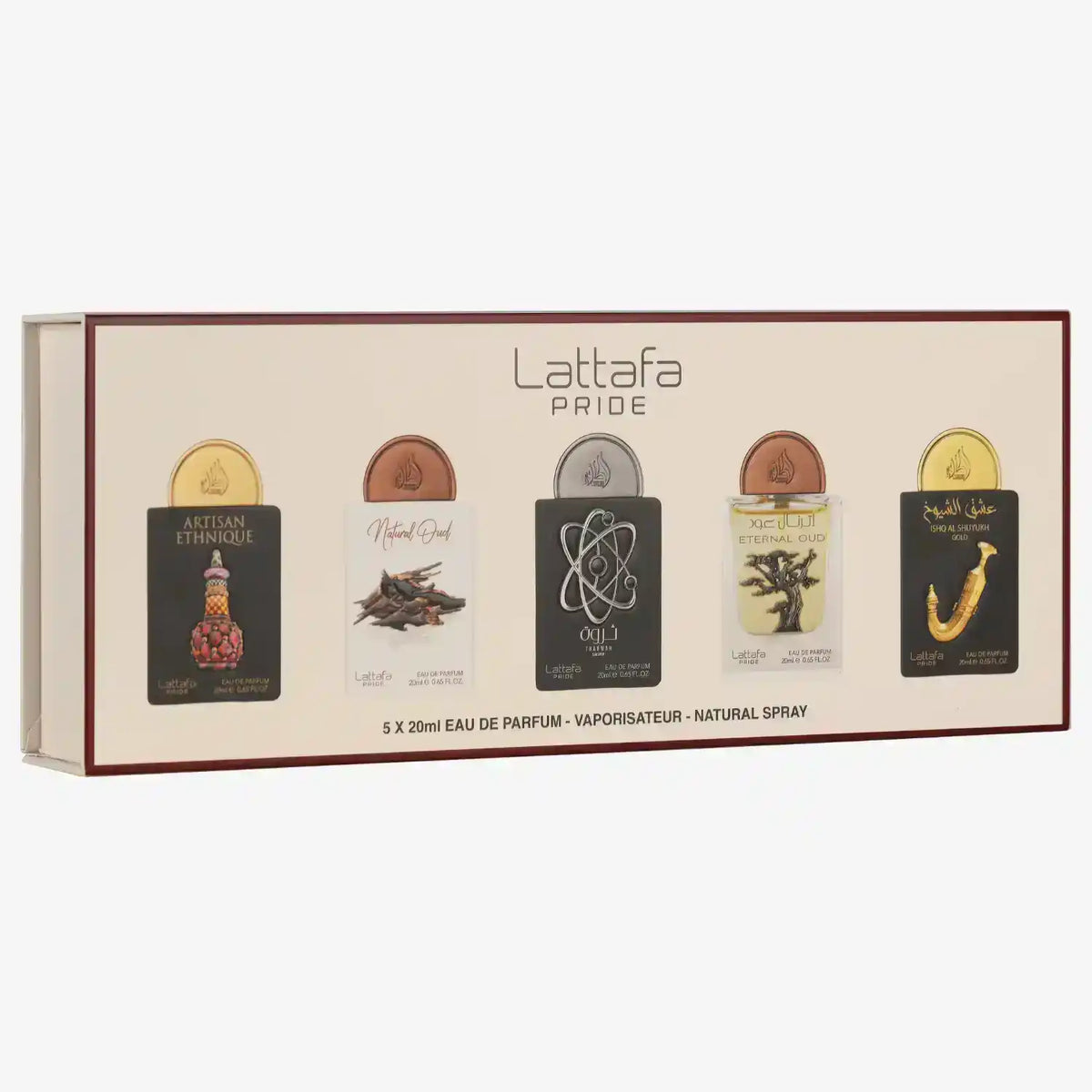 Lattafa Pride gift set with five assorted 20ml Eau de Parfum bottles in display box