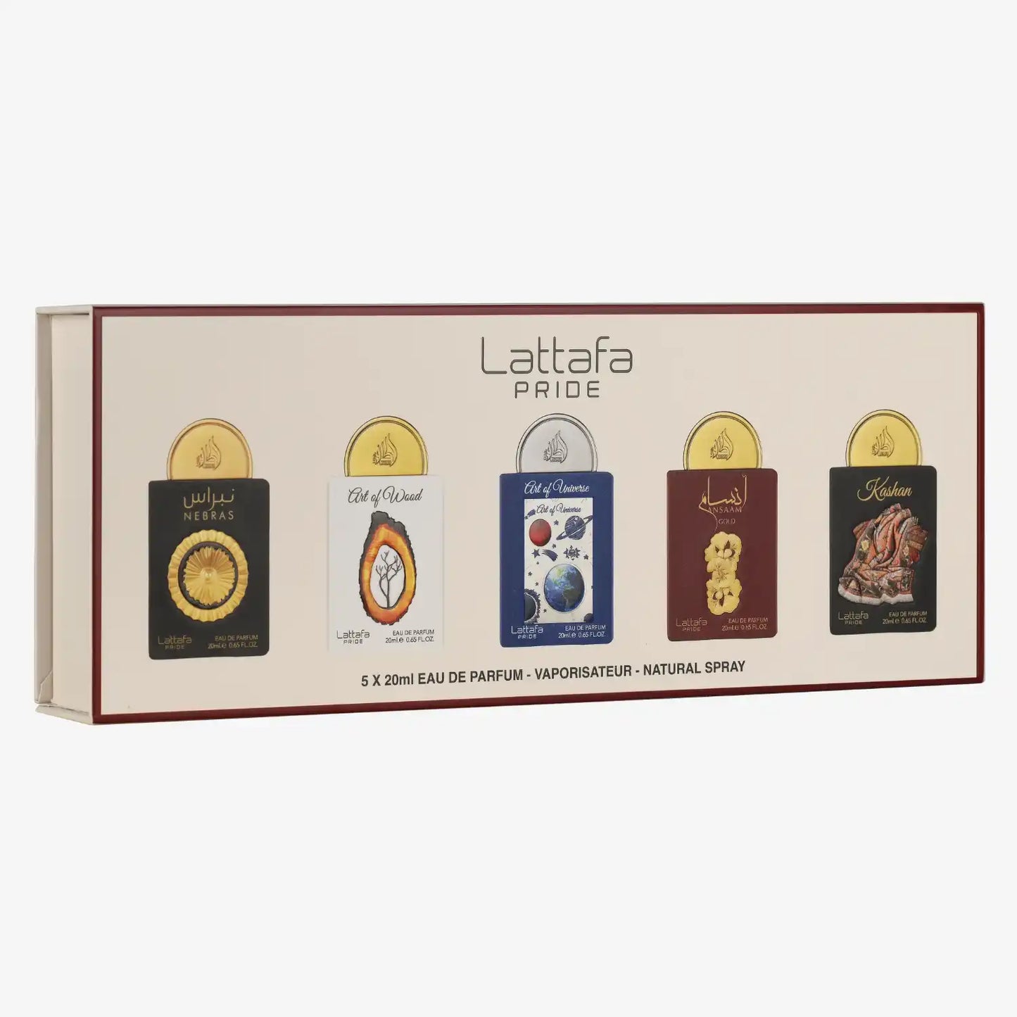 Gift set with five Lattafa Pride 20ml eau de parfum bottles in a boxed display.