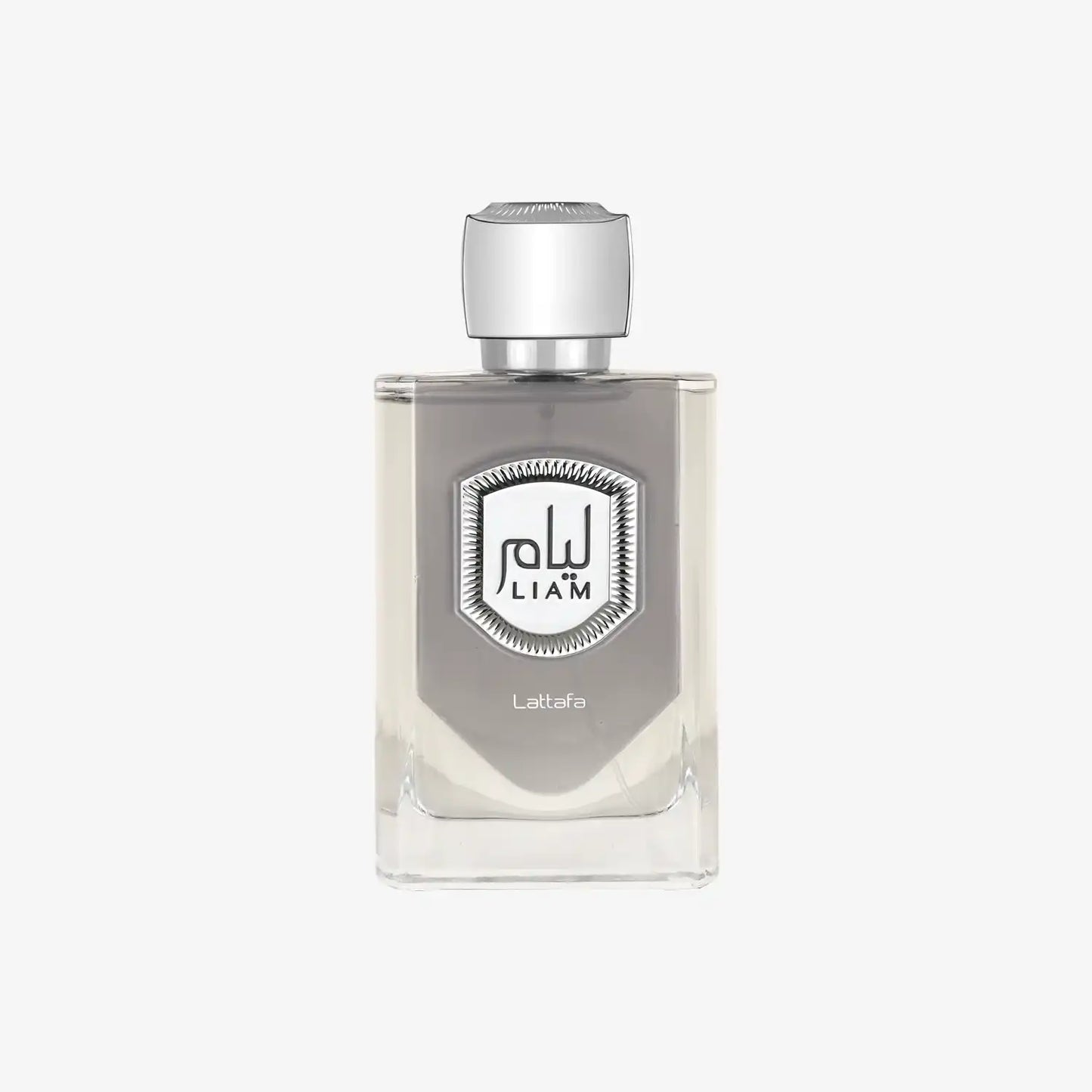 Lattafa Liam perfume bottle with silver cap and Arabic label on white background