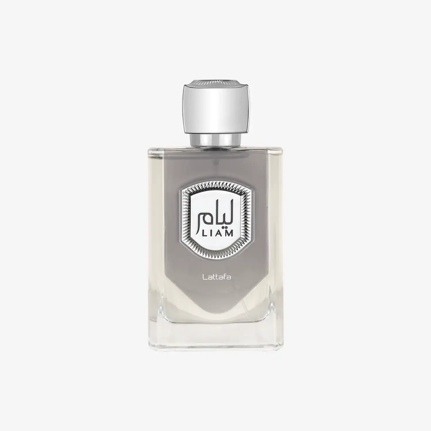 Lattafa Liam perfume bottle with silver cap and Arabic label on white background