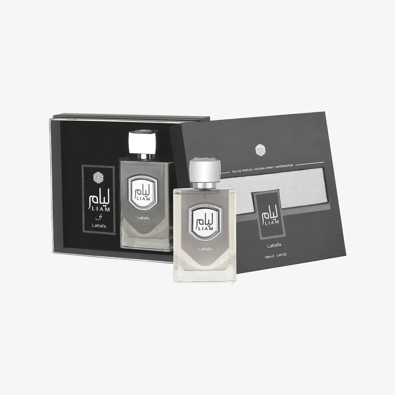 Lattafa Liam perfume bottle and box set with modern black packaging