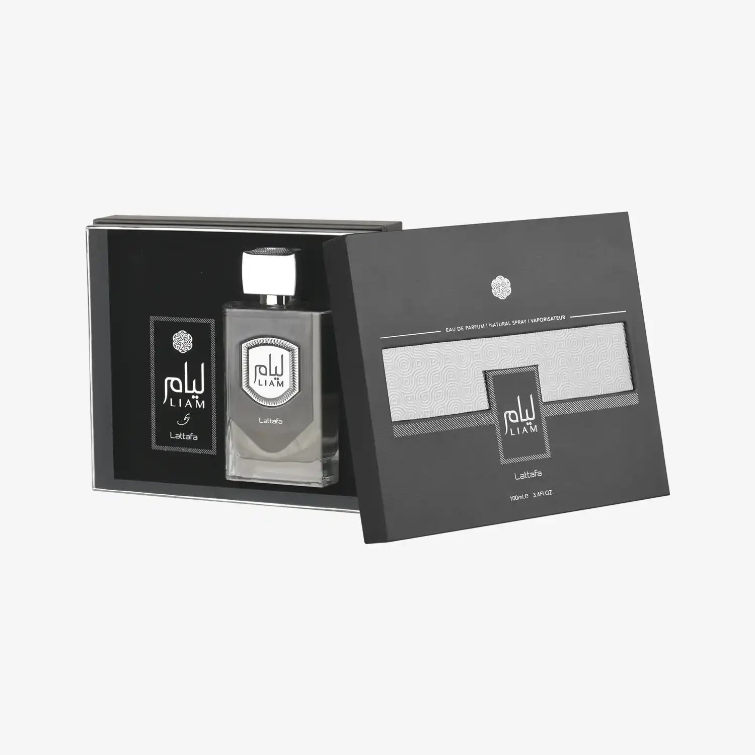 Lattafa Liam perfume in an elegant black gift box, Middle Eastern fragrance bottle