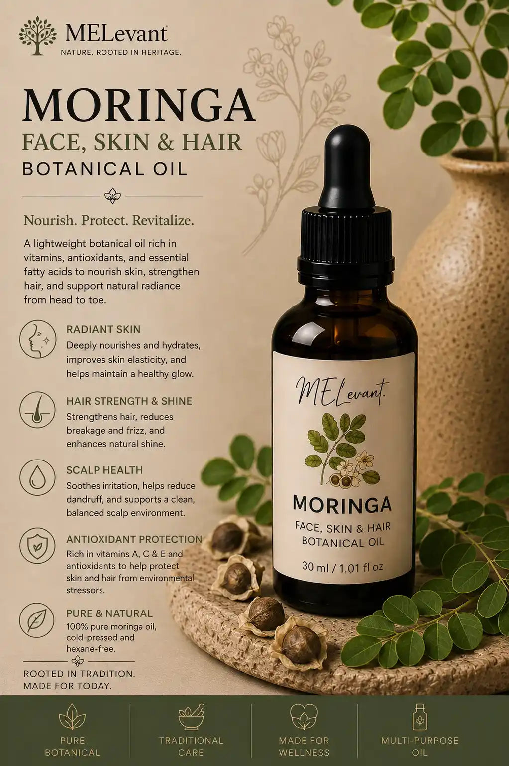 MELevant Moringa Face, Skin & Hair Botanical Oil