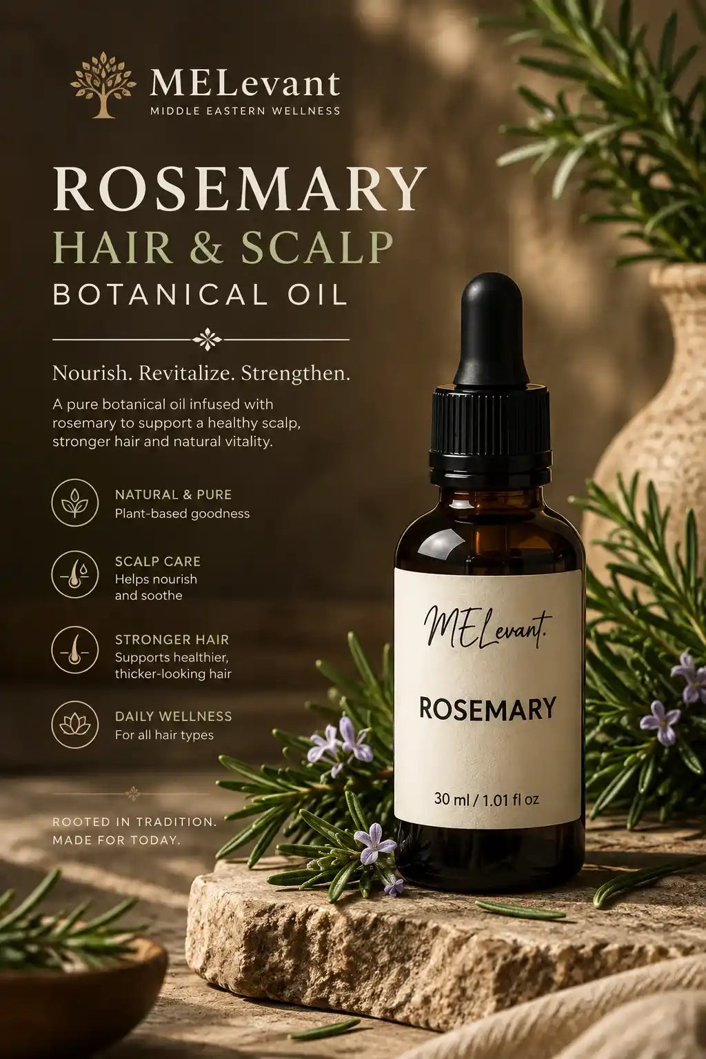 MLevant Rosemary Hair & Scalp Botanical Oil in an amber glass dropper bottle, displayed on a rustic stone slab with rosemary sprigs and purple flowers against a dark, warm-toned background with product benefits listed on the left.