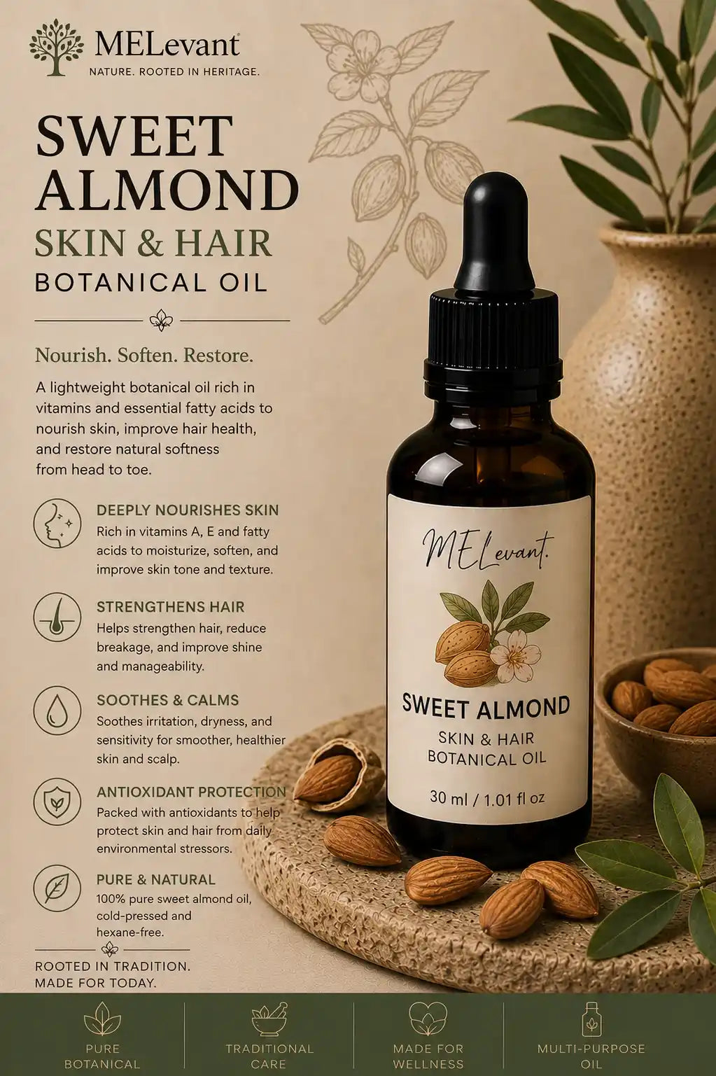 MELevant Sweet Almond Skin & Hair Botanical Oil