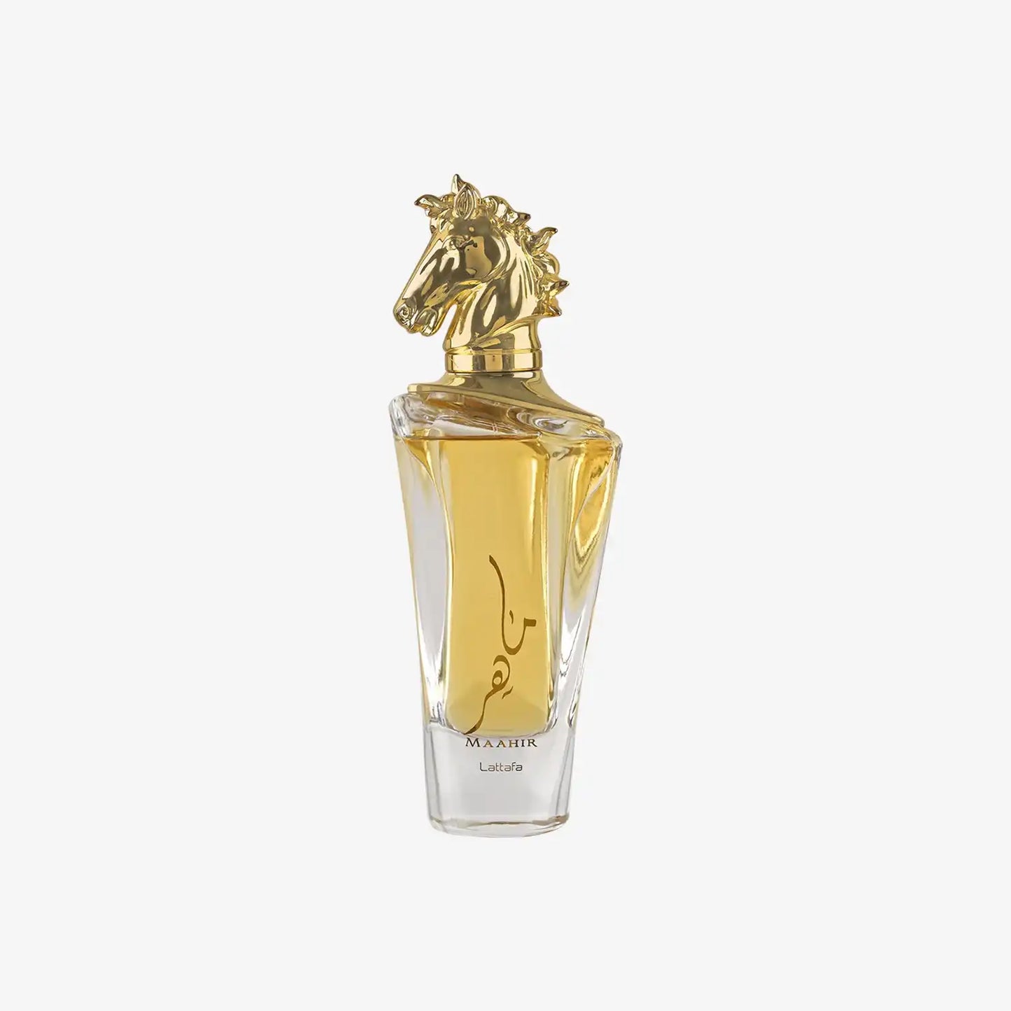 Maahir Lattafa perfume bottle with gold horse head cap, clear glass, yellow liquid