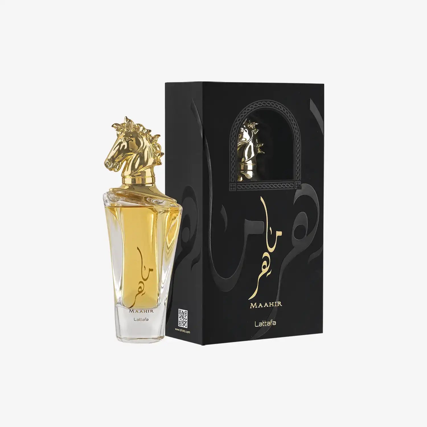 Maahir Lattafa perfume bottle with gold horse head cap and black box, Middle Eastern fragrance