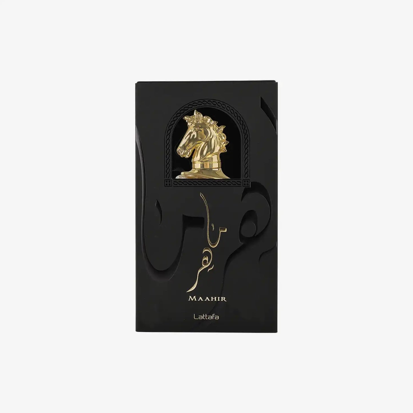 Maahir Lattafa perfume box with gold horse head design and Arabic calligraphy