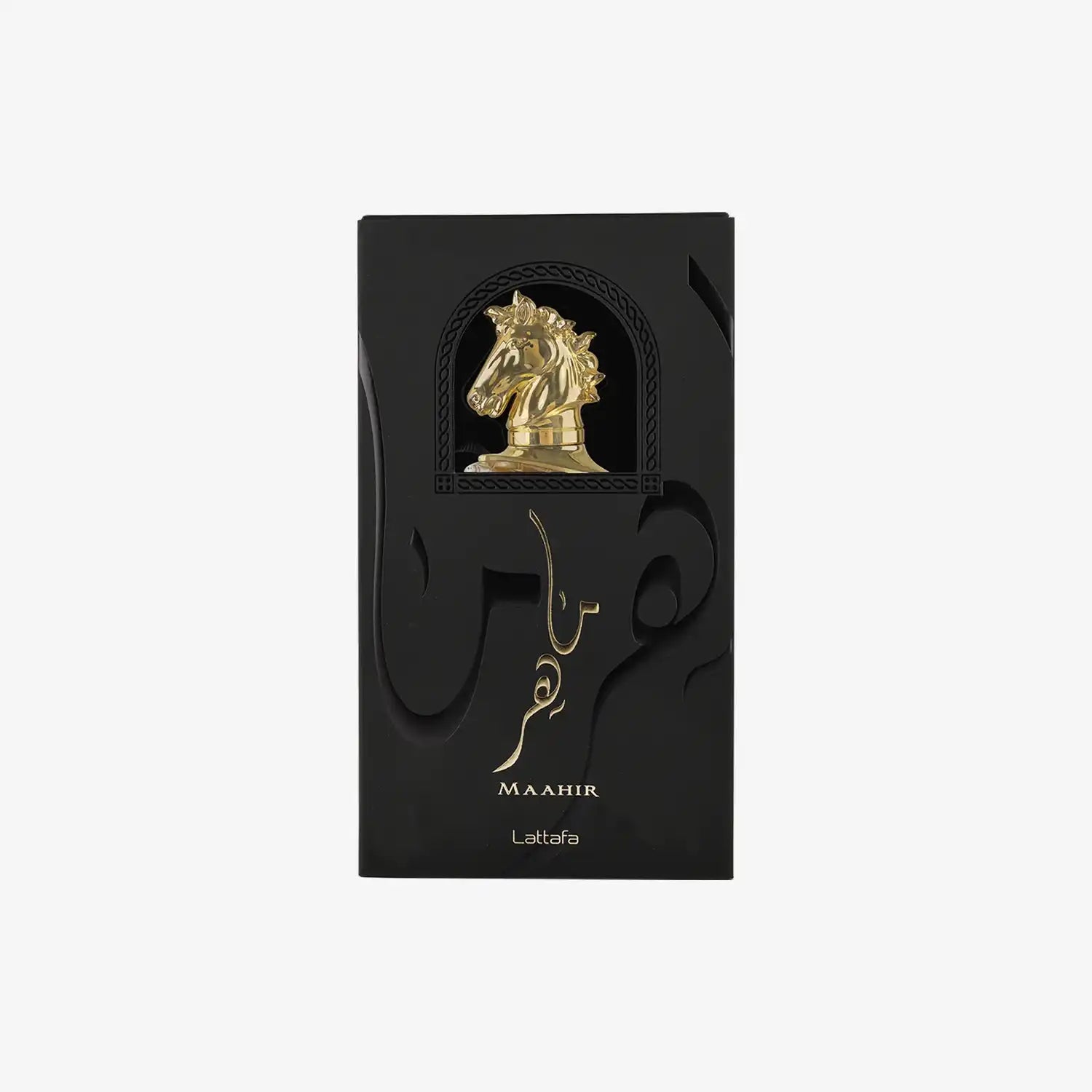 Maahir Lattafa perfume box with gold horse head design and Arabic calligraphy
