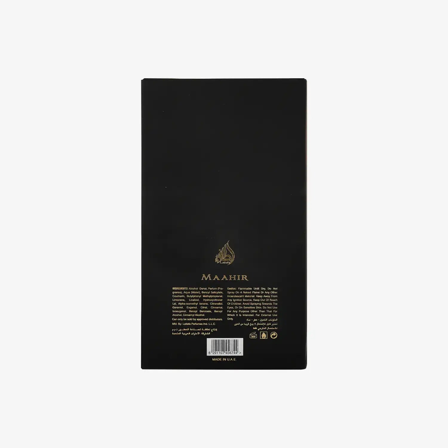 Back of Maahir perfume box with gold Arabic calligraphy, ingredients, and instructions.