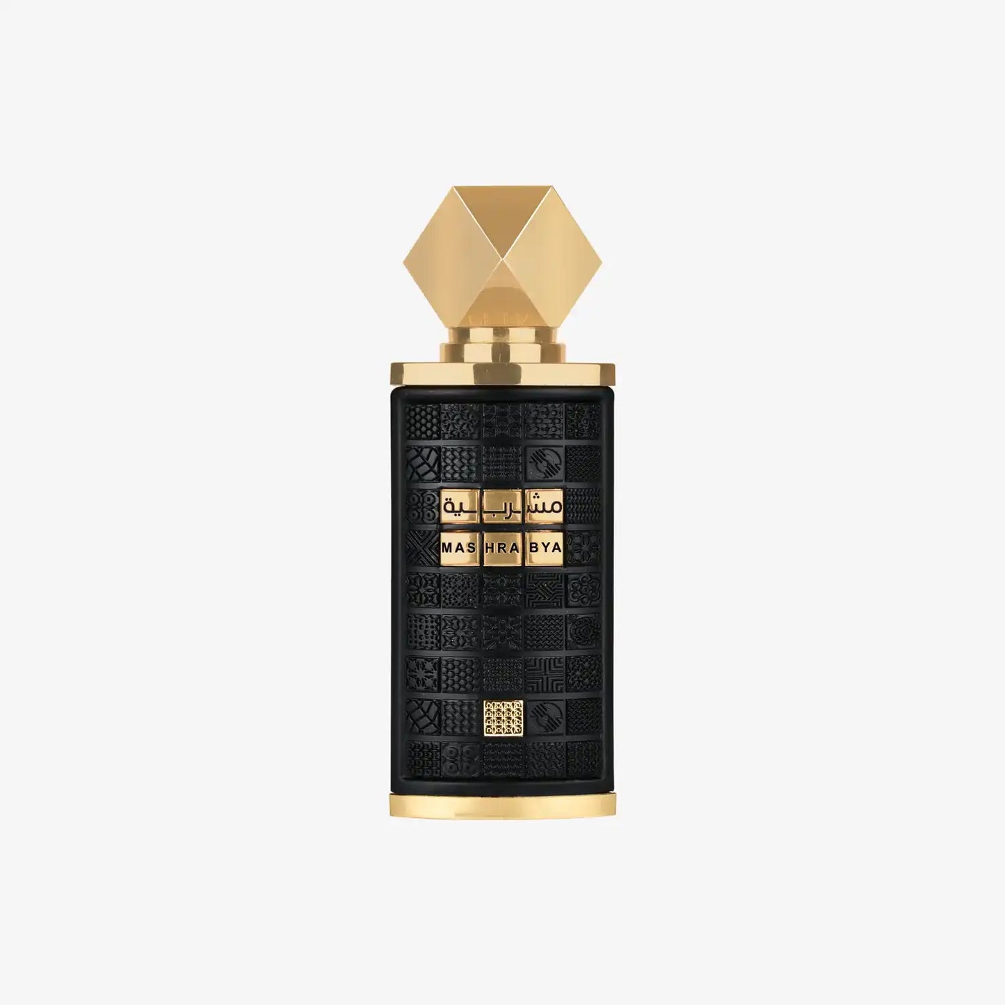 Black and gold Middle Eastern perfume bottle with geometric patterns and Mashrabya label