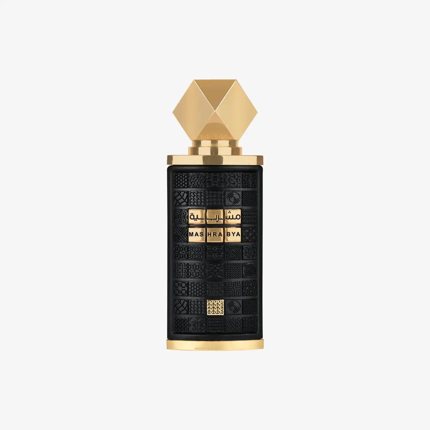 Black and gold Middle Eastern perfume bottle with geometric patterns and Mashrabya label