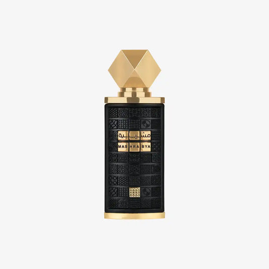 Black and gold Middle Eastern perfume bottle with geometric patterns and Mashrabya label