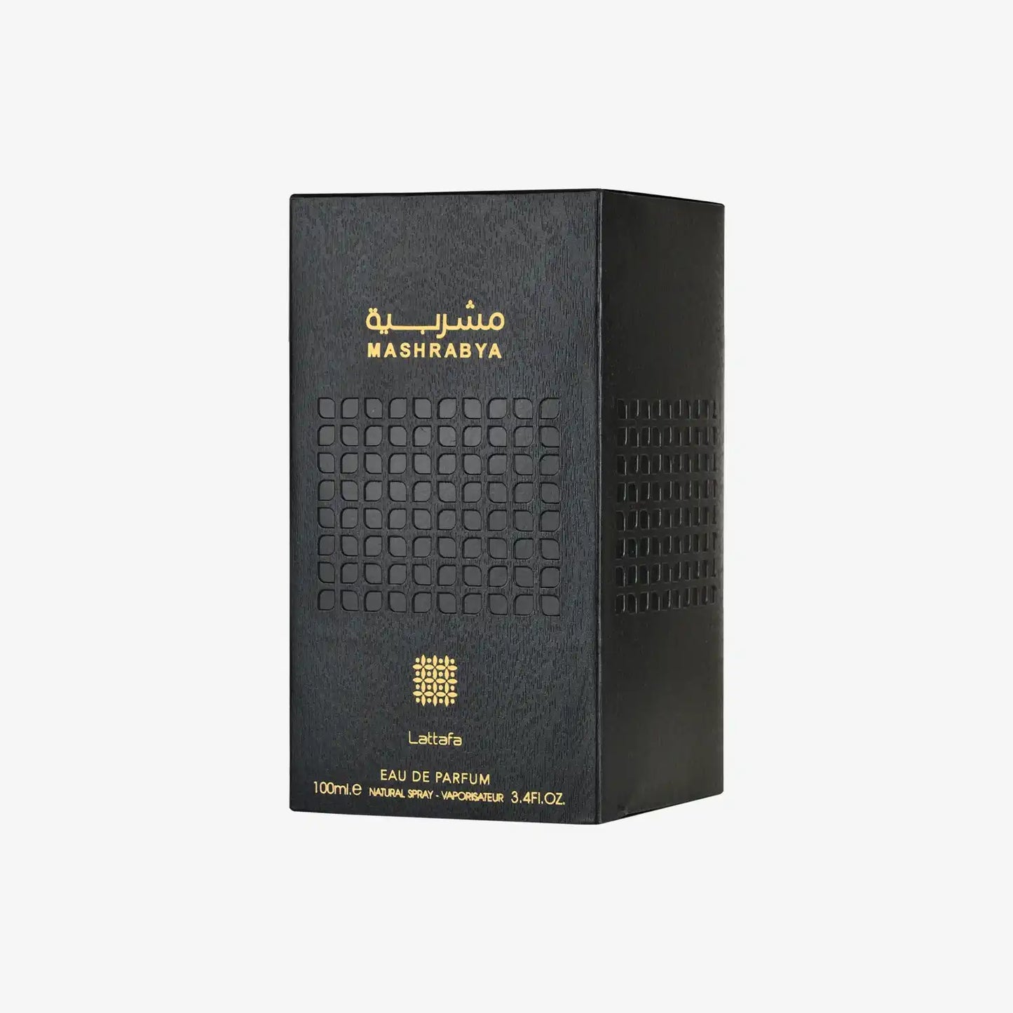 Mashrabya Eau de Parfum black box with gold text and Middle Eastern geometric design