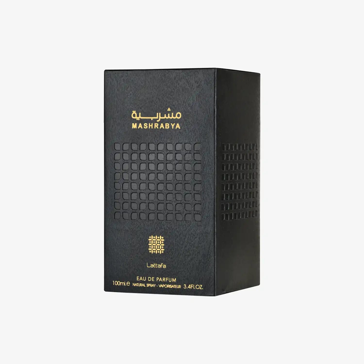 Mashrabya Eau de Parfum black box with gold text and Middle Eastern geometric design