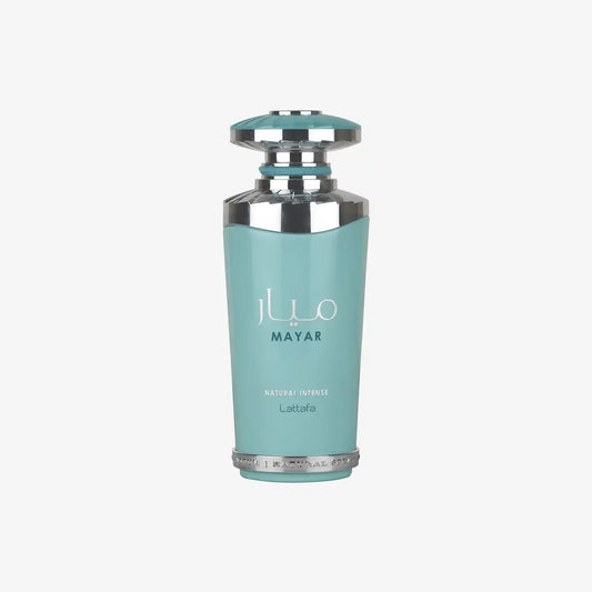 Mayar Natural Intense Lattafa perfume bottle with silver accents on white background
