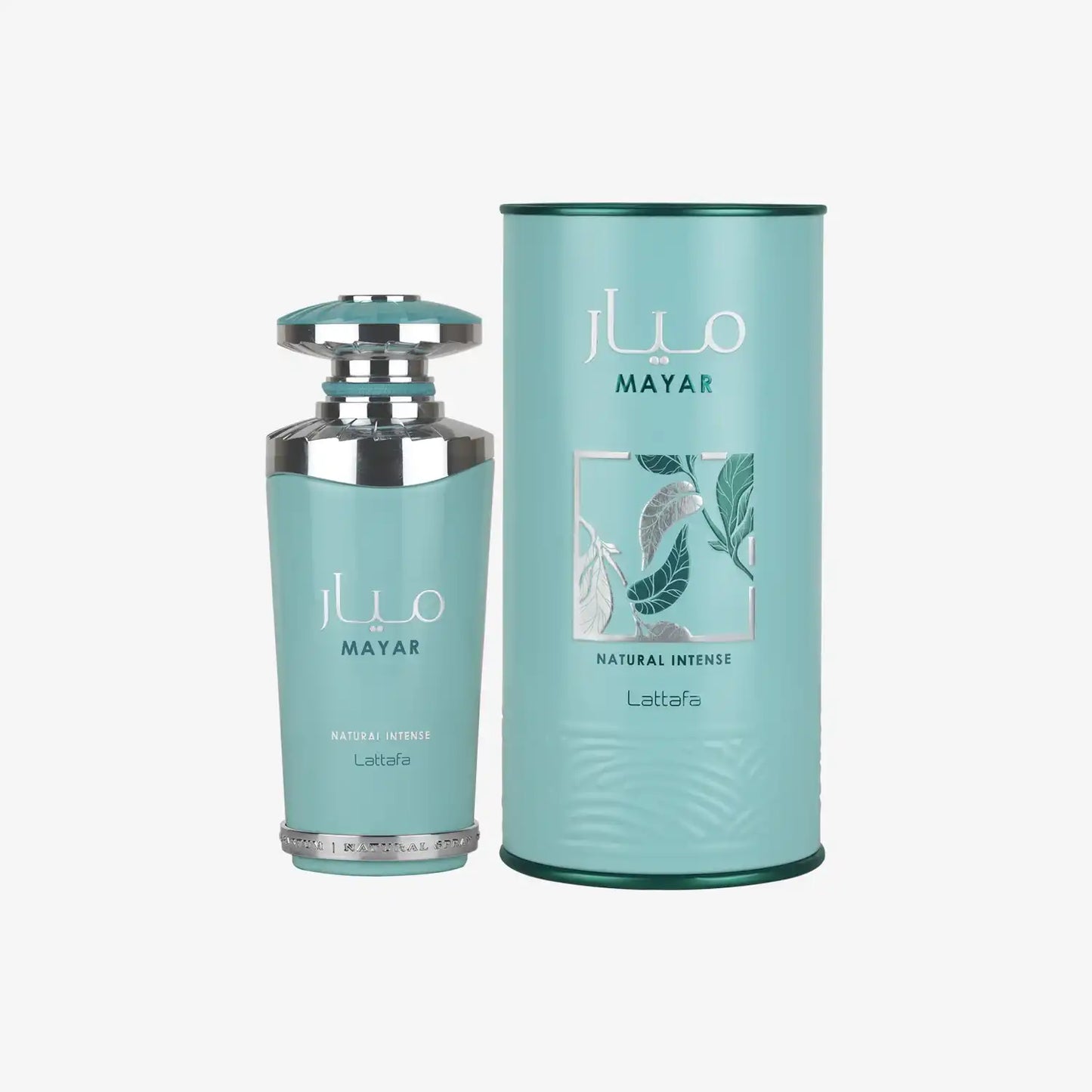 Mayar Natural Intense Lattafa perfume bottle with matching blue cylindrical box