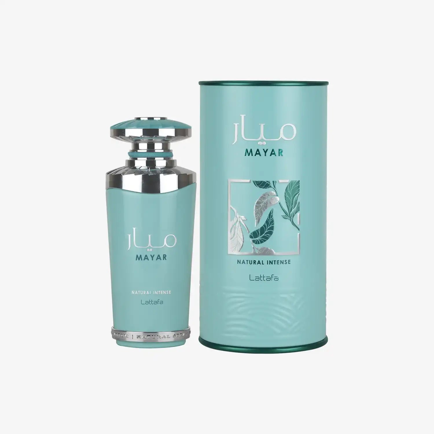 Mayar Natural Intense Lattafa perfume bottle with matching blue cylindrical box