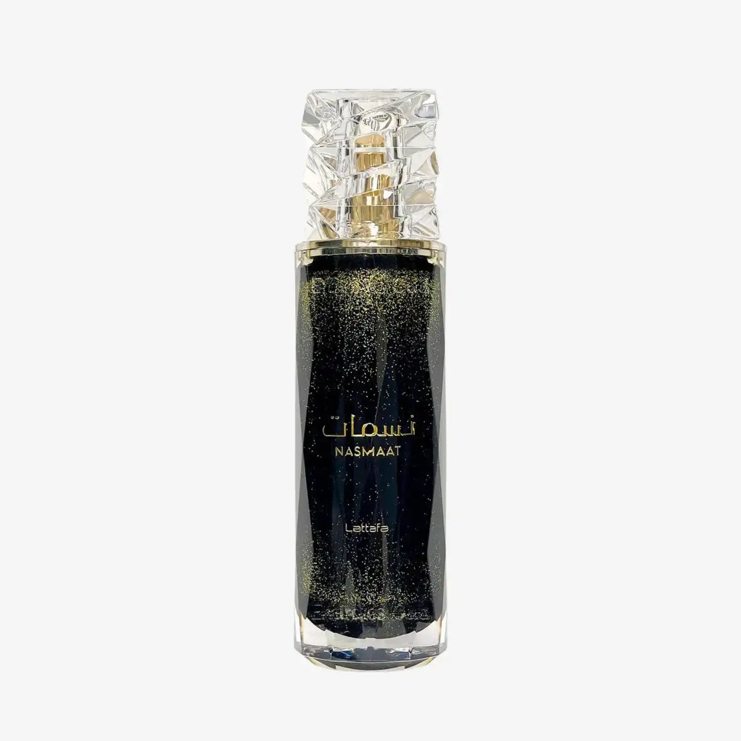 Elegant Nasmaat perfume bottle with gold accents and crystal cap on white background