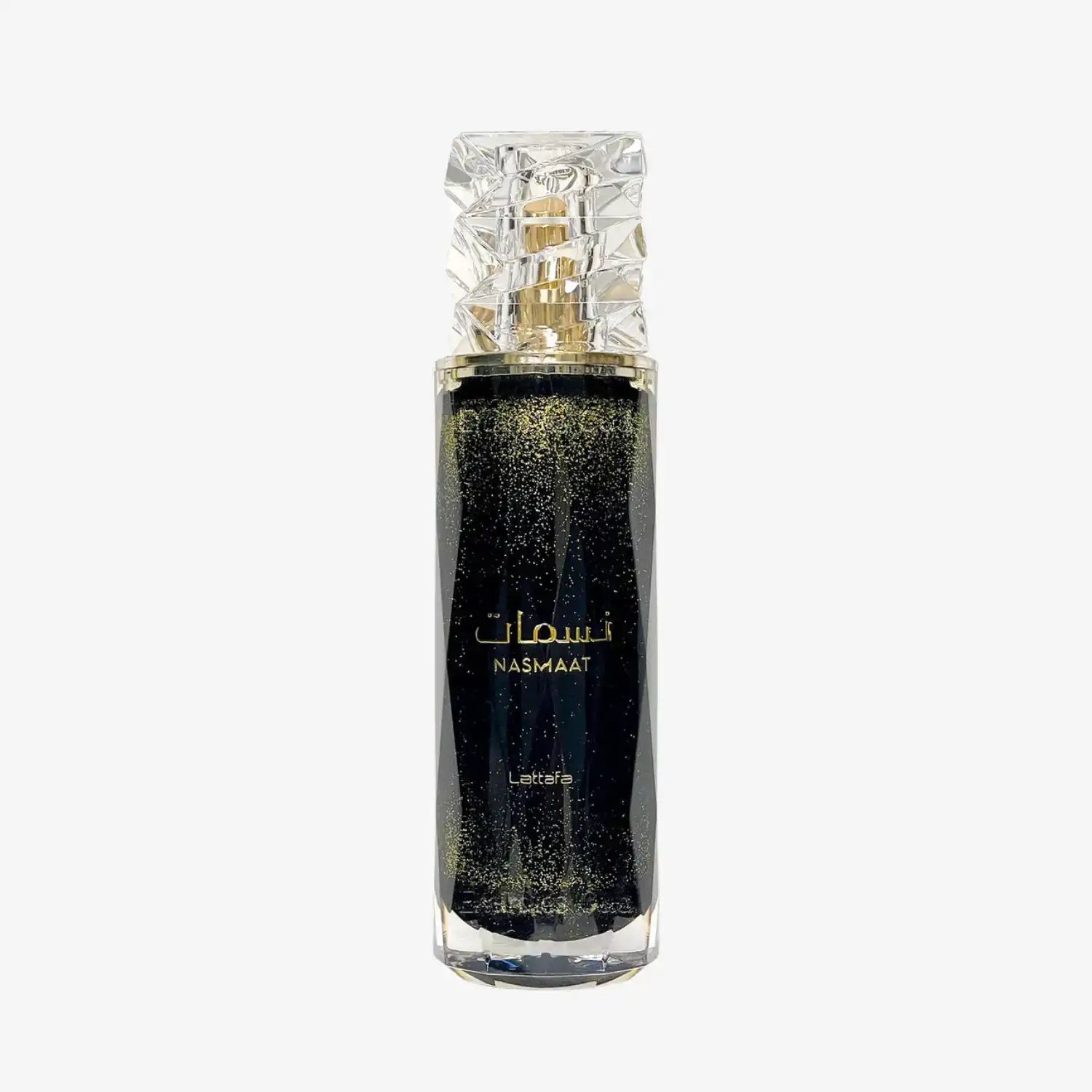 Elegant Nasmaat perfume bottle with gold accents and crystal cap on white background