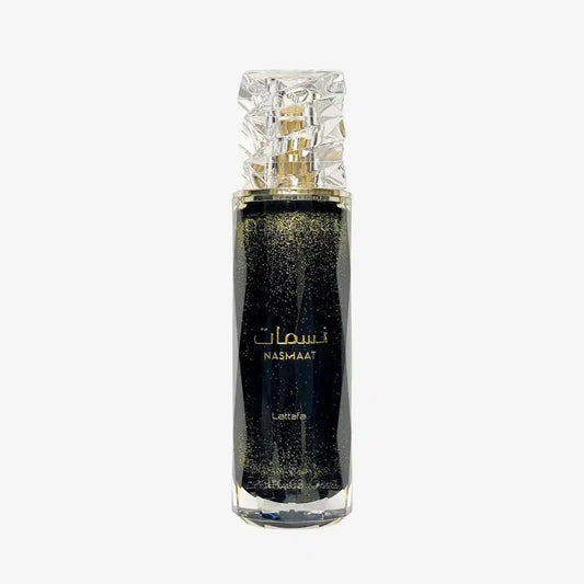 Elegant Nasmaat perfume bottle with gold accents and crystal cap on white background