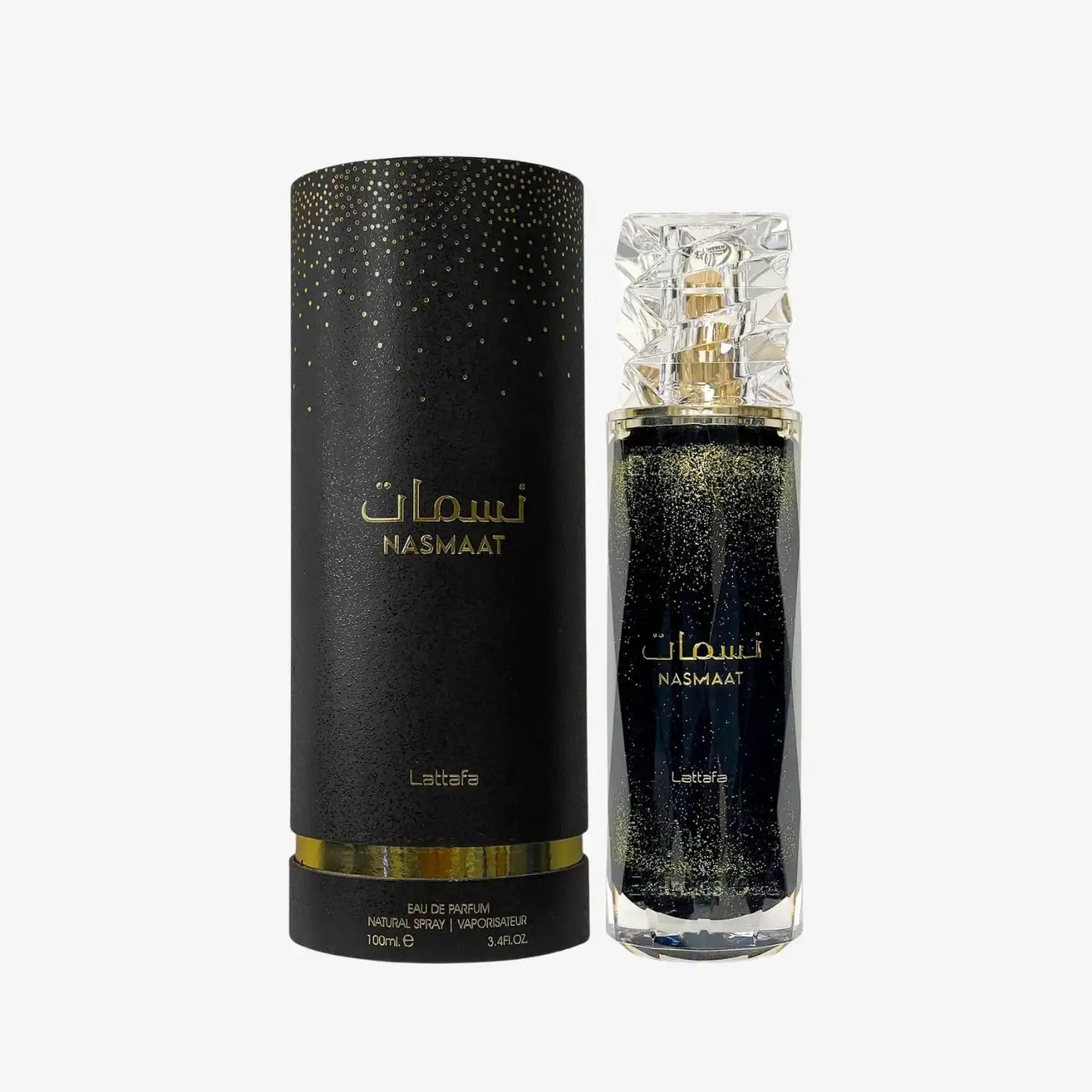 Nasmaat Lattafa perfume bottle and packaging, black with gold accents, Middle Eastern fragrance