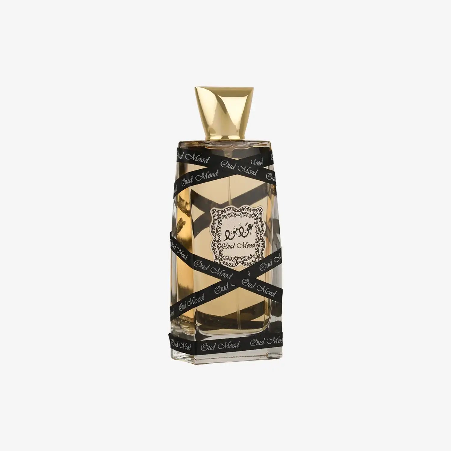 Oud Mood perfume bottle with gold cap and black decorative bands on white background